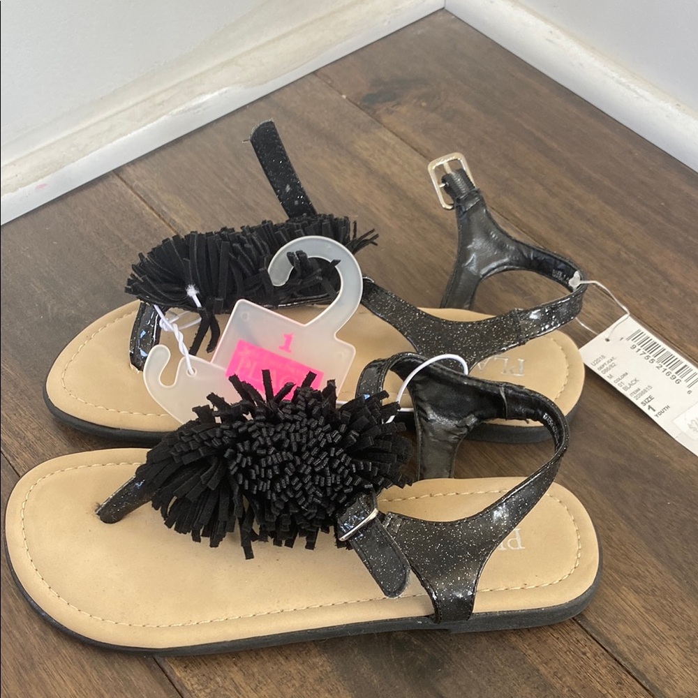 Black and Tan Sandals with Fringe Detail